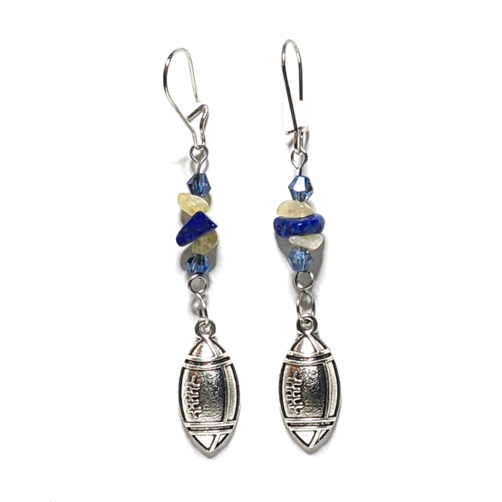 Blue and Yellow Gemstone Football Earrings